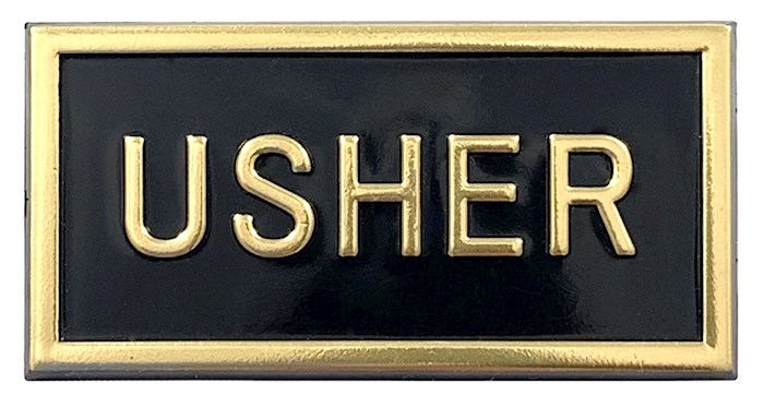 Badge: Usher Pin Back Black/Gold  (1"" x 2"") - Swanson