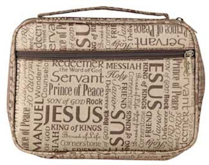 Bible Cover: Names Of Jesus Wedge Shape Jacquard Dake XXL Brown - White Dove Designs