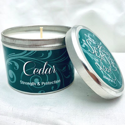 Candle: Cedar Scripture Tin - Abba Oils Ltd