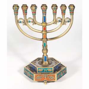 Menorah-12 Tribes Color w/Hexagon Base (7 Branched) (6"" x 6"") Pewter - Holy Land Gifts