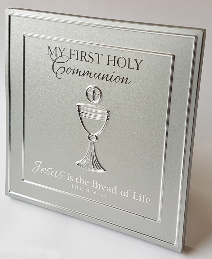 Plaque: First Communion Silver Satin Metal - Lighthouse Christian Products Co