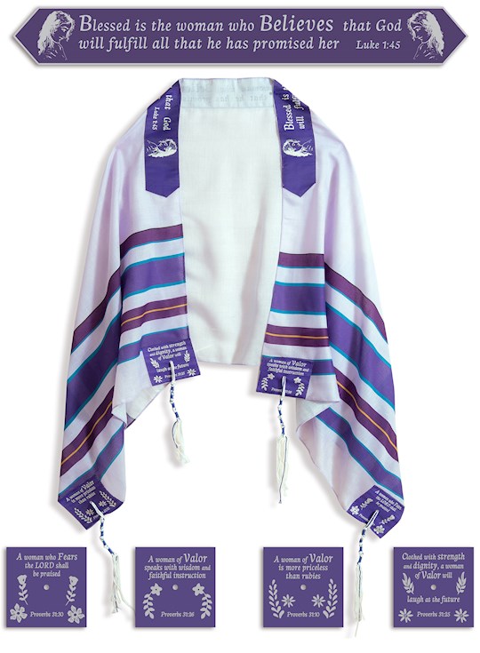 Prayer Shawl [Tallit]: Woman Of Valor Luke 1:45 (72"" x 24"") Purple - Holy Land Gifts
